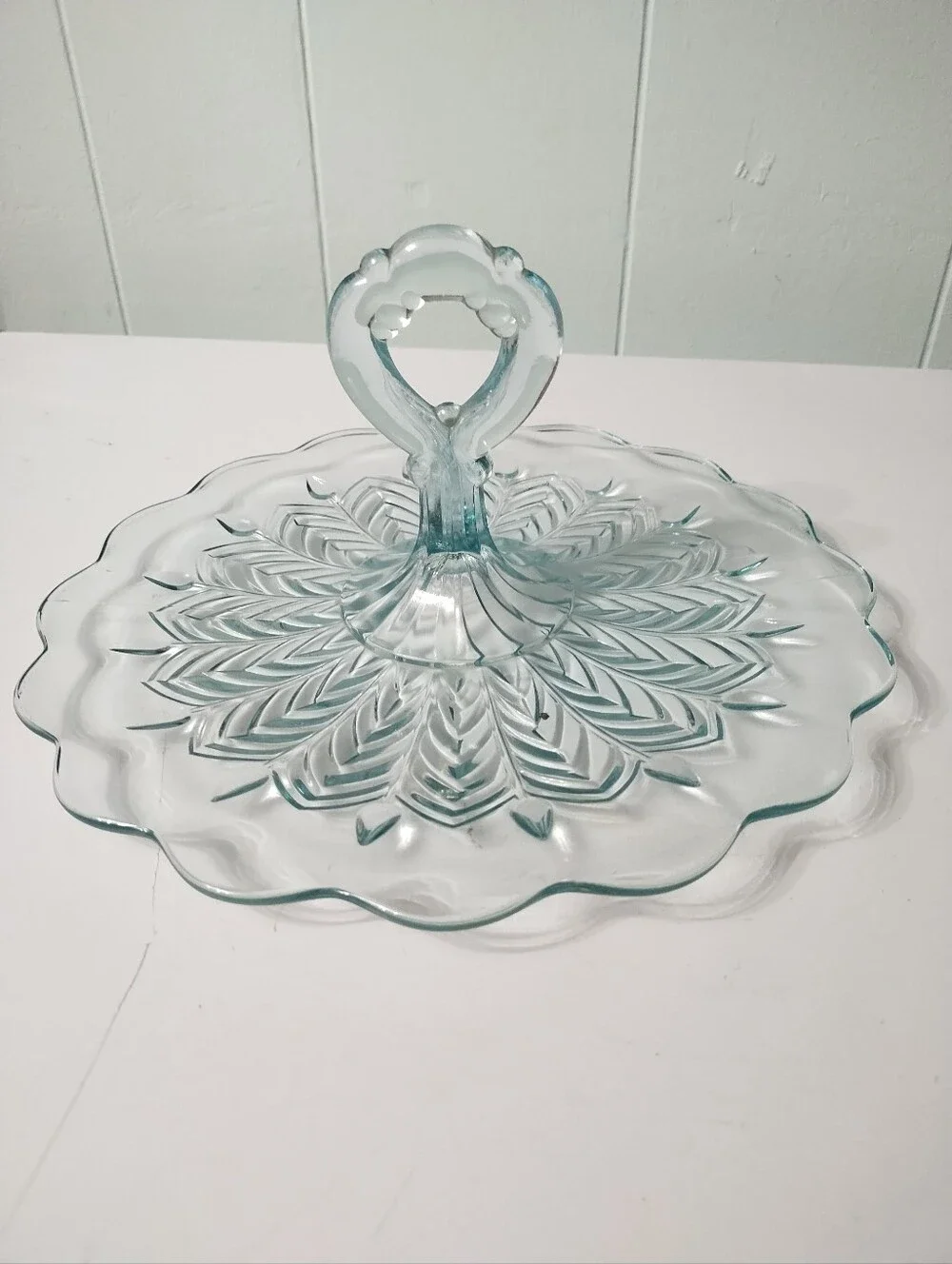 Vintage Ice Blue Feather Pattern Handled Large Tidbit/Cake Serving Tray